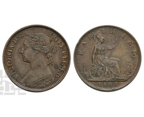 1891. VICTORIA D:G: BRITT:REG:F:D:, second laureate portrait ('Bun Head') of Queen Victoria to left / F A R T H I N G, seated