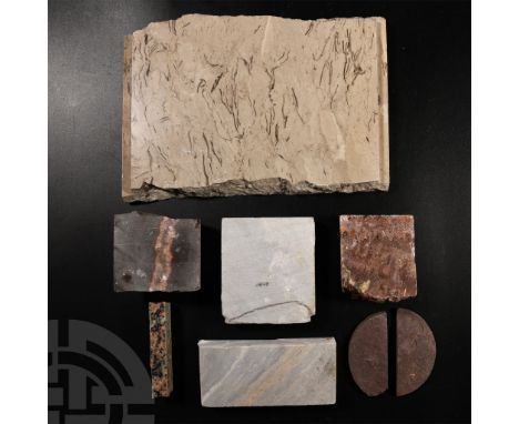 Comprising three marble samples, four semi-circular core sections and a granite sample.  3.15 kg total, 7.1-23.5 cm (2 3/4 - 