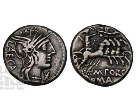125 BC.. Head of Roma with winged helmet to right, LAECA downwards behind, ? (mark of value) beneath chin / Libertas in quadr