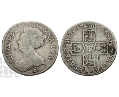 1702-1714.. ANNA • DEI • GRATIA •, second draped bust of Queen Anne to left, E* below / MAG• BRI • FR• ET • HIB• REG •, crown