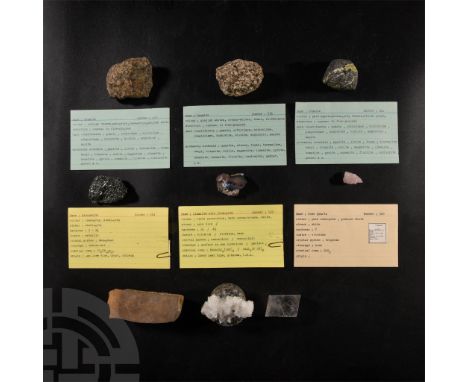 Comprising: rose quartz from Brazil, collection number 320; calcite from Mexico on a granite display base; optical calcite; g