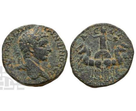 AD 218-222.. AVT K M A AN-T?N?INOC C?, laureate head to right / ??-VK, Sol, holding sceptre and globe, driving facing spread 