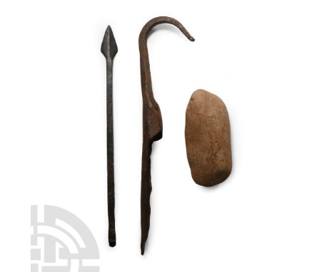 14th-18th century A.D.. Comprising an iron bolt-head with square-section shaft, an iron hook with mounting socket and a round
