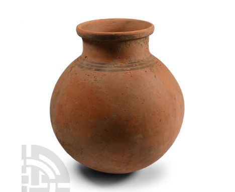Iron Age, 8th-7th century B.C.. With bulbous body and rounded base; short neck with everted rim, three painted circumferentia