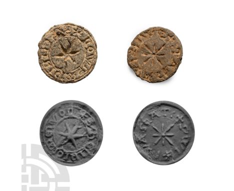 14th century A.D.. Both with central eight-petalled flower within a roundel, surrounding inscription, one with legend 'S' WIL
