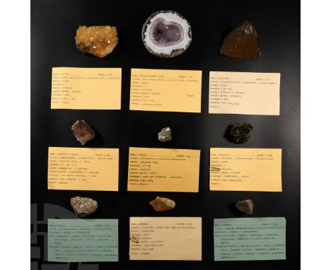Comprising: granite from A40 construction works in Middlesex, collection number 505; wood opal, collection number 243; citrin