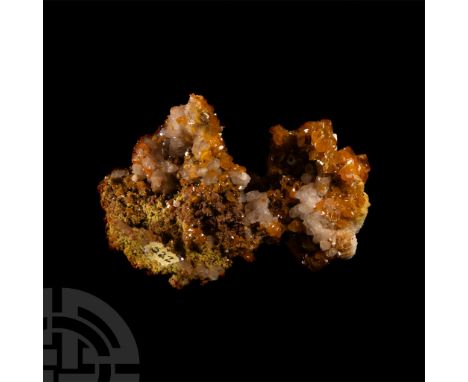 Well-formed toffee-coloured wulfenite crystals with a small area of pale lemon-yellow small crystals of unknown variety, coll