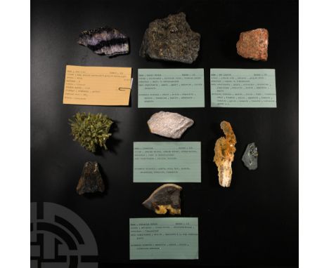 Comprising: gypsum, no collection number; garnet schist, collection number 191; red granite, collection number 399; Blue John