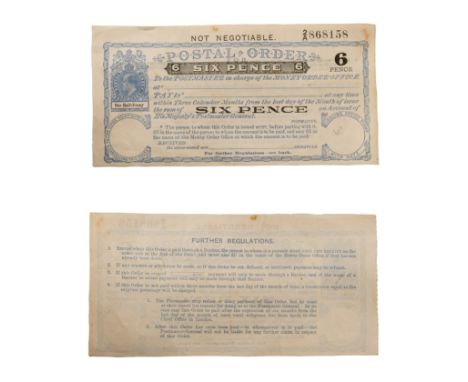 1902-1910.. Serial no. 2/A 868158, unissued, without counterfoil. Blue printed design with black text panels and number over 