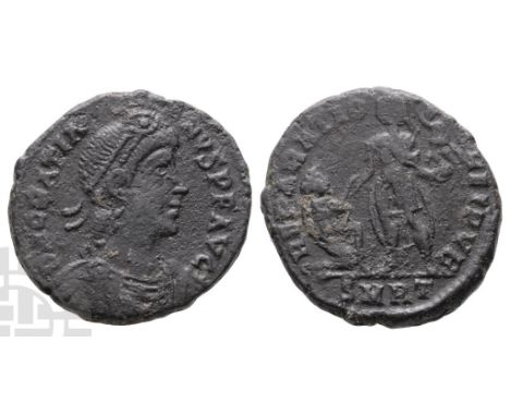 AD 367-383.. D N GRATIA-NVS P F AVG, pearl-diademed, draped and cuirassed bust to right / REPARATIO REIPVB, emperor standing 