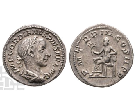 AD 238-244.. IMP GORDIANVS PIVS FEL AVG, laureate, draped and cuirassed bust to right / P M TR P III COS II P P, Apollo seate