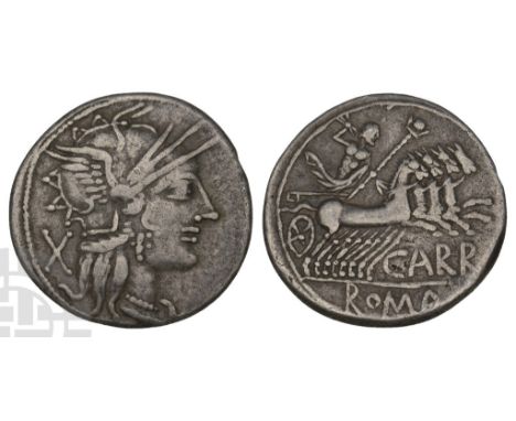 121 BC.. Head of Roma, wearing winged helmet to right; ? (mark of value) behind / Jupiter in quadriga to right, holding reins