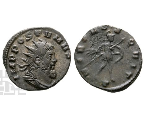 AD 267-268.. IMP POSTVMVS [AVG], radiate, draped and cuirassed bust to right / VIRTVS EQVIT, Mars walking to right, holding s