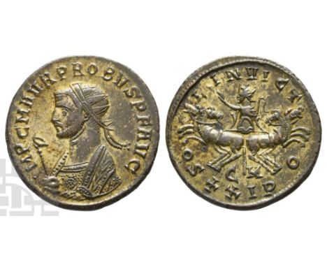 AD 276-282.. IMP C M AVR PROBVS P F AVG, radiate and mantled bust to left, holding eagle-tipped sceptre / SOLI INVICTO, Sol s