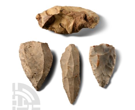 Neolithic Period, 3000-2000 B.C.. Comprising: triangular flint blade broken at butt with old inked inscription 'Arment./ZC.6'