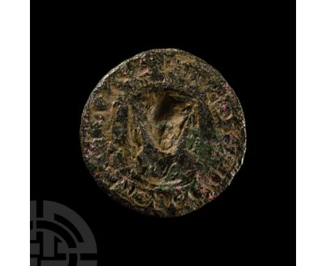 14th century A.D.. Discoid seal with loop to the reverse, legend and central device of the vernicle. Bailey, G., Detector Fin