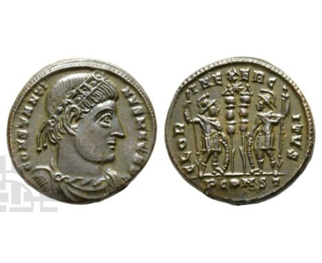 AD 307/310-337.. CONSTANTINVS MAX AVG, rosette-diademed, draped and cuirassed bust to right / GLORIA EXERCITVS, two soldiers 