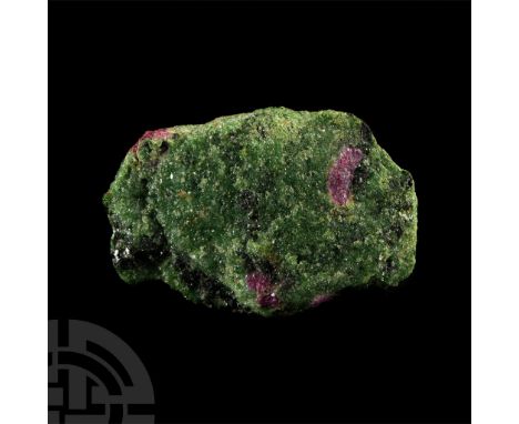Displaying vivid emerald-green, ruby-red and greyish black colours, collection number 381.  140 grams, 76 mm (3 in.). This fo