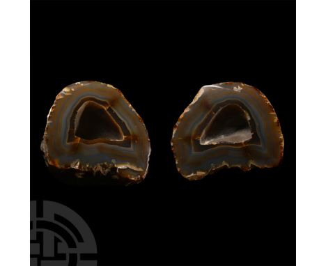 Cut in two halves with the cut faces polished to emphasise the brown and grey banding, collection number 332.  2.27 kg total,