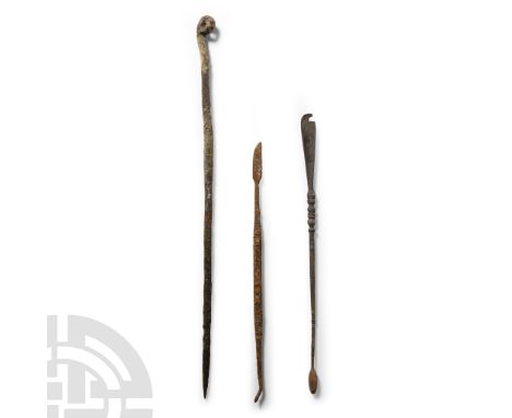 1st-4th century A.D.. Including a ligula with bulb finial probe and other items.  50 grams total, 15.2-22.2 cm (6 - 8 3/4 in.