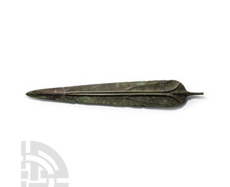 1st millennium B.C.. Two-edged leaf-shaped blade with short rectangular tang, corrugated midrib extending almost to the tip a