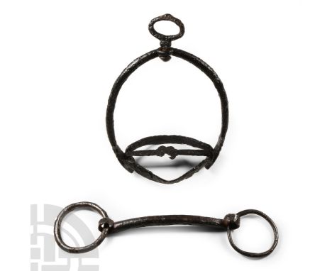 14th-16th century A.D.. Comprising: a snaffle bit with single bar and an iron stirrup in a form of elongated D, with an oval-