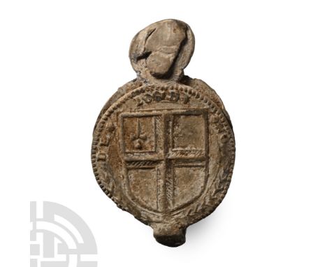 1625-1631 A.D.. Two-part, four-lobed seal with strap and tag above; obverse with heater shield bearing the arms of the City o