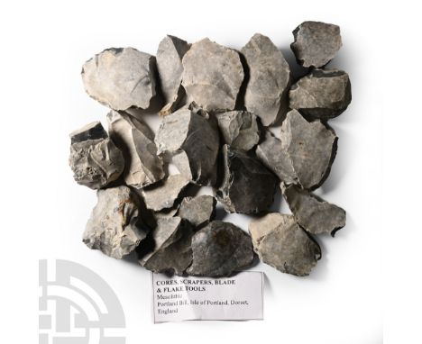 Mesolithic Period, circa 9000-3450 B.C.. A mixed group of twenty-one worked blades and other flint tools. Cf. PAS NARC-A2C32D
