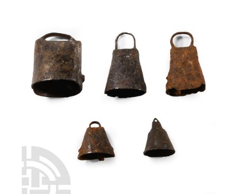 Circa 14th-16th century A.D.. Including conical and rectangular types, some with clapper in place.  264 grams total, 40-72 mm