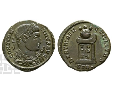 AD 307/310-337.. CONSTANTINVS AVG, laureate bust to right, wearing trabea and holding eagle-tipped sceptre / BEATA TRANQVILLI
