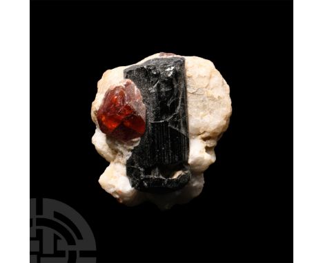 Consisting of a reddish spessartite crystal on a black tourmaline on a white matrix, with a sprinkling of some smaller garnet
