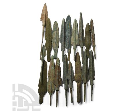 Circa 13th-8th century B.C.. Including leaf-shaped, barbed, and other types, all tanged, except one socketted. See Khorasani,