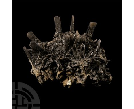 Consisting of large prismatic crystals protruding from a bed of smaller crystals, collection number 610, with an old Geologis