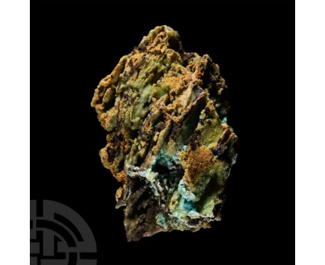 A complex specimen displaying botryoidal smithsonite coated with mamillary rosasite with a sprinkling of azurite crystals, co