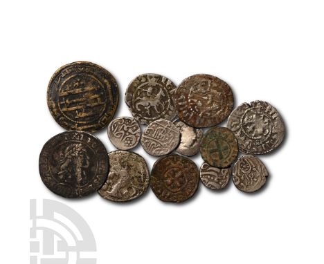 11th-15th century AD.. Thirteen silver and bronze Islamic, Armenian and World coins.  29.90gr total (). From a 1980s UK colle