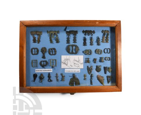 16th century A.D.. Collection of military belt fittings including buckles and frames, strap hooks, scabbard chapes and other 