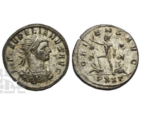 AD 270-275.. IMP C AVRELIANVS AVG, radiate and cuirassed bust to right / ORIENS AVG, Sol standing to left, foot on captive, r
