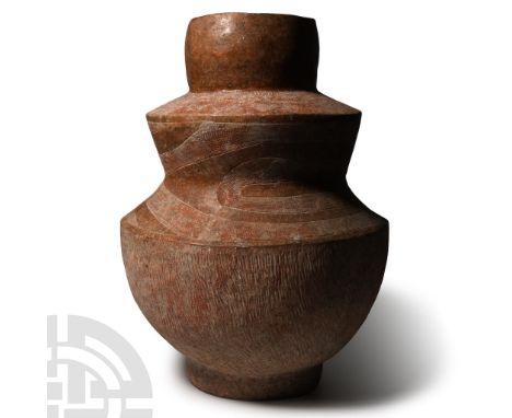 Middle Period, 900-300 B.C.. Large storage vessel with barrel-shaped neck, sloped shoulder with incised hatching, stepped pro