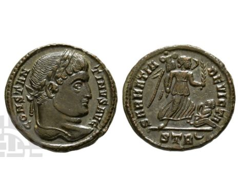 AD 307/310-337.. CONSTANTINVS AVG, laureate head to right / SARMATIA DEVICTA, Victory, holding trophy with right hand and pal
