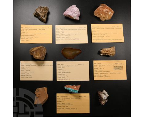 Comprising: a cut and polished agate slice from Brazil, collection number 35; brown calcite from Brazil, collection number 10