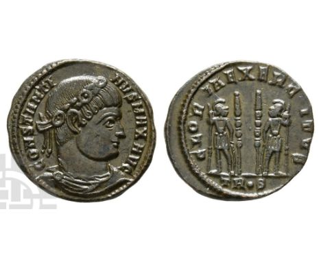 AD 307/310-337.. CONSTANTINVS MAX AVG, rosette-diademed, draped and cuirassed bust to right / GLORIA EXERCITVS, two soldiers 
