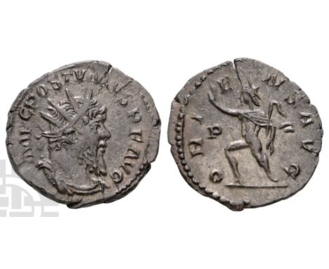 AD 260-269.. IMP C POSTVMVS P F AVG, radiate, draped and cuirassed bust to right / ORIENS AVG, Sol advancing to left, raising