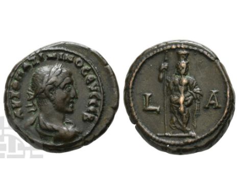 AD 235-238.. ???? ????????? ??? ???, laureate, draped and cuirassed bust to right, seen from rear / L ? (date), Serapis stand