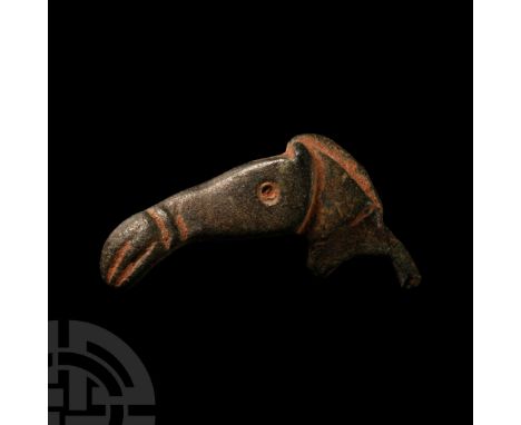 1st century B.C.-1st century A.D.. Amuletic stylised horse-head with ring-and-dot eyes, long tapering muzzle; loop broken.  9