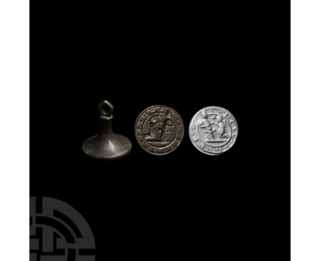 14th-15th century A.D.. With facetted stem and pierced pentagonal finial, incised orientation cross to top face; circular die