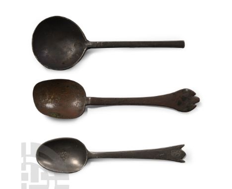 17th-early 18th century A.D.. Comprising: one with rectangular bowl flat handle with tulip finial; one with oval bowl and sta