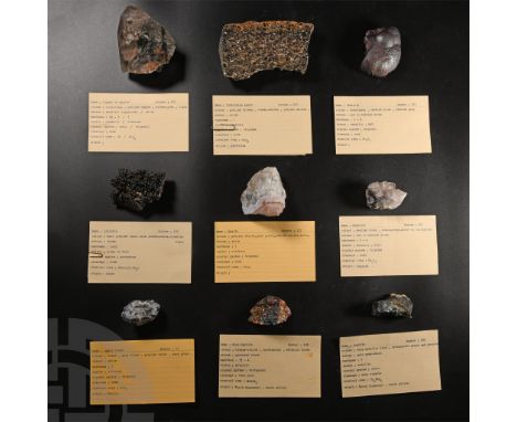 Comprising: limonite from Spain, collection number 525, with an old Gregory, Bottley &amp; Lloyd label; a cut half agate geod