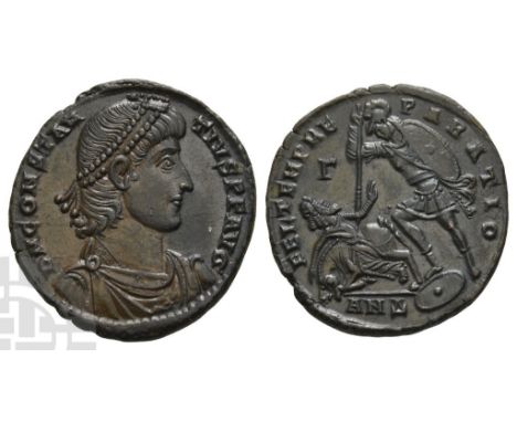 AD 337-361.. D N CONSTANTIVS P F AVG, pearl-diademed, draped and cuirassed bust to right / FEL TEMP REPARATIO, soldier to lef