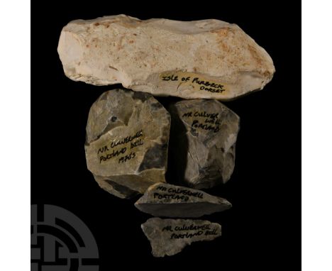 Mesolithic Period, circa 6,000 years B.P.. Comprising a core axe, two blade cores, a denticulate saw and an end scraper.  253