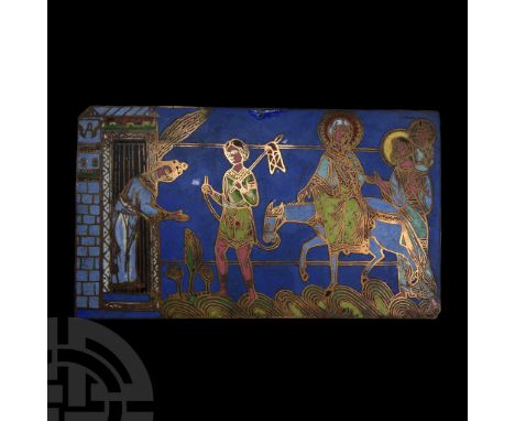19th century A.D.. Rectangular plaque with enamel cloisonné scene of Mary and Joseph during the flight in Egypt; left, the do
